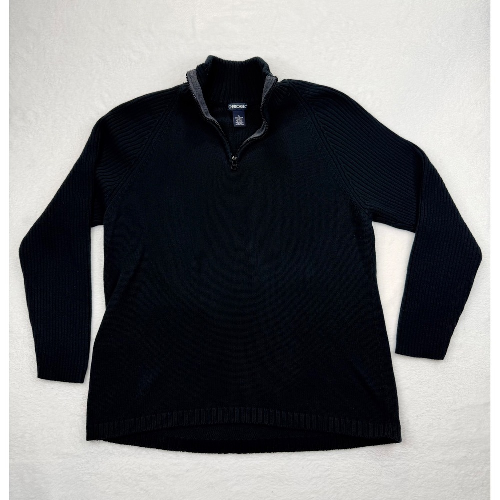 Cherokee Mens XL Black 1/4 Zip Cotton Knit Pullover Sweater Ribbed Raglan Sleeve